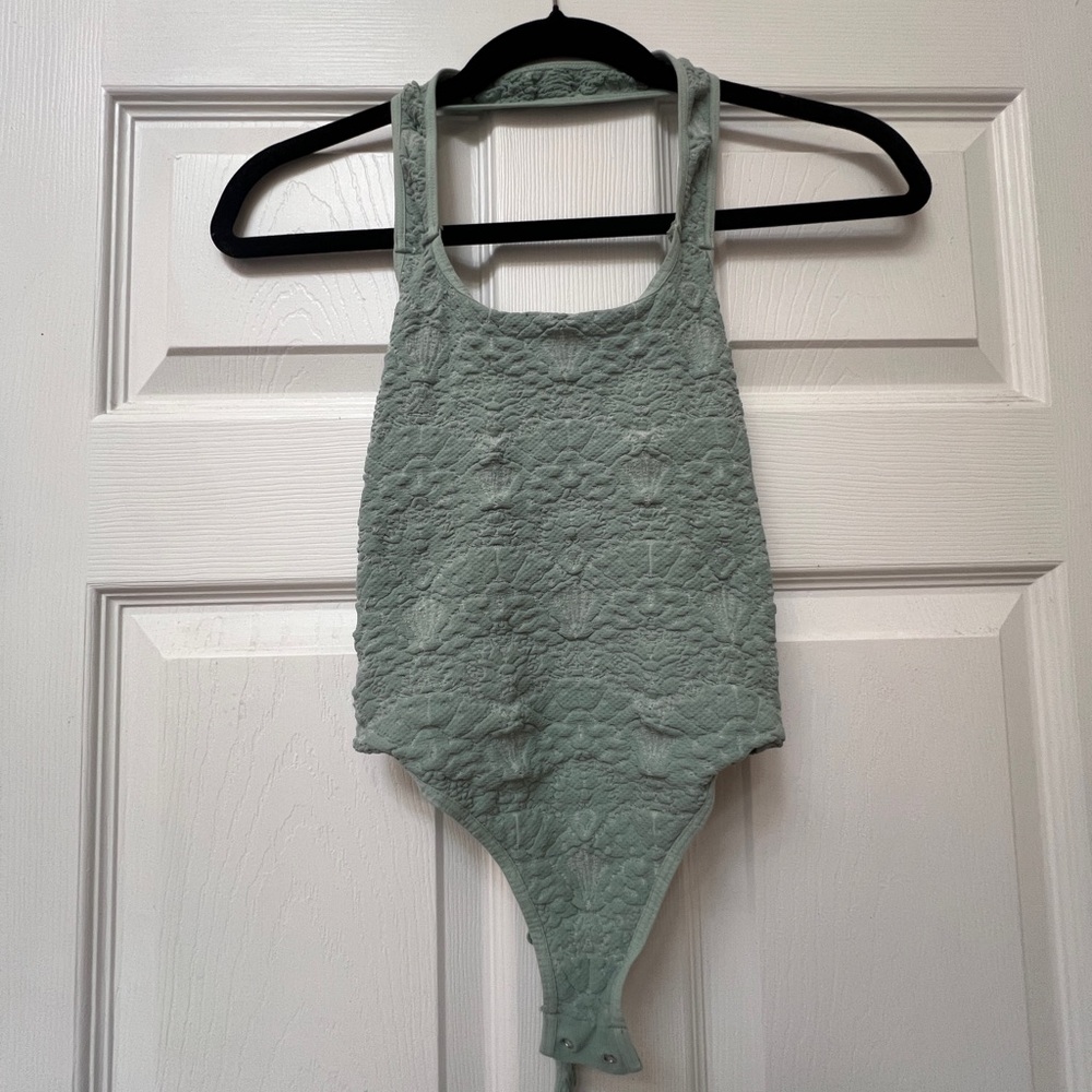 Free People Sage Green Textured Bodysuit Top XS/S
